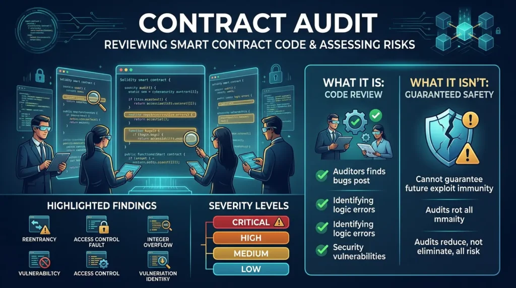 What Is a Smart Contract Audit? What It Does and Doesn't Prove 1 editorial diagram showing a smart contract security audit reviewing blockchain code and findings