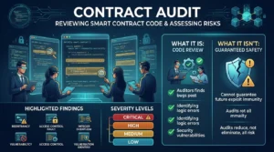 editorial diagram showing a smart contract security audit reviewing blockchain code and findings