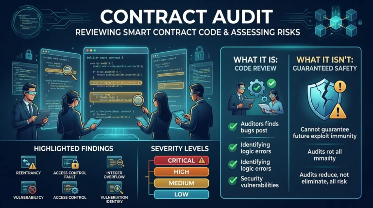 editorial diagram showing a smart contract security audit reviewing blockchain code and findings