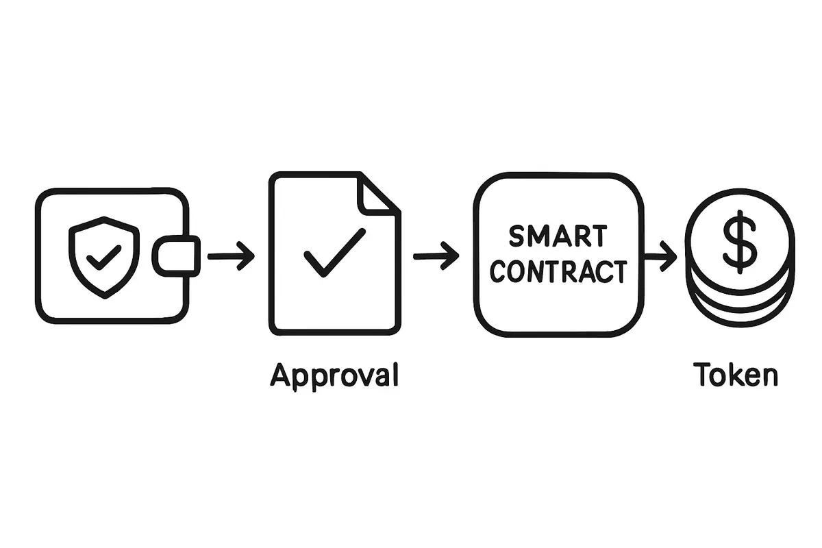diagram showing the smart contract approval drain flow from wallet signature to token transfer