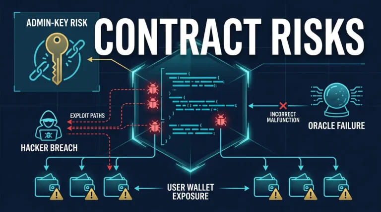 editorial diagram showing different smart contract risk paths from code bugs and dependencies to user losses
