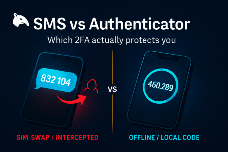 Editorial Snout0x hero comparing SMS 2FA being intercepted by an abstract attacker silhouette on the left and an authenticator app showing a local code on the right, separated by a gold vs divider.