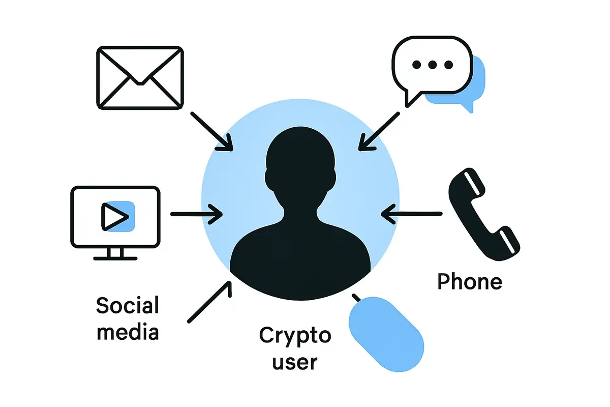 diagram showing the different social engineering attack vectors targeting crypto users