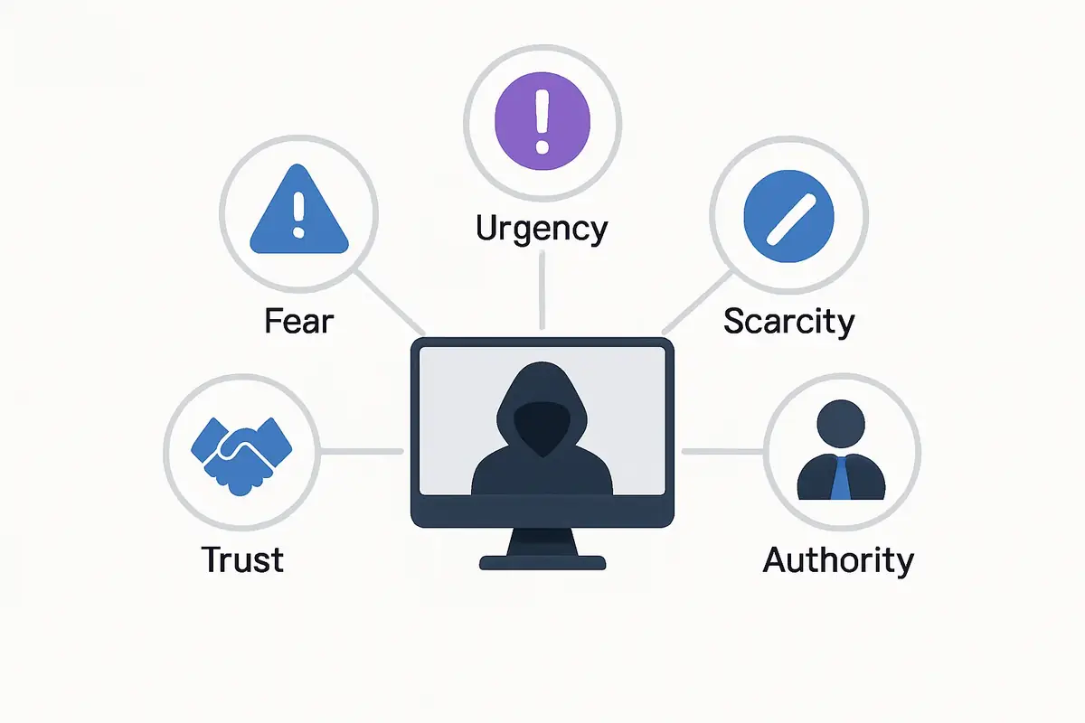 diagram showing the five psychological triggers used in crypto social engineering attacks