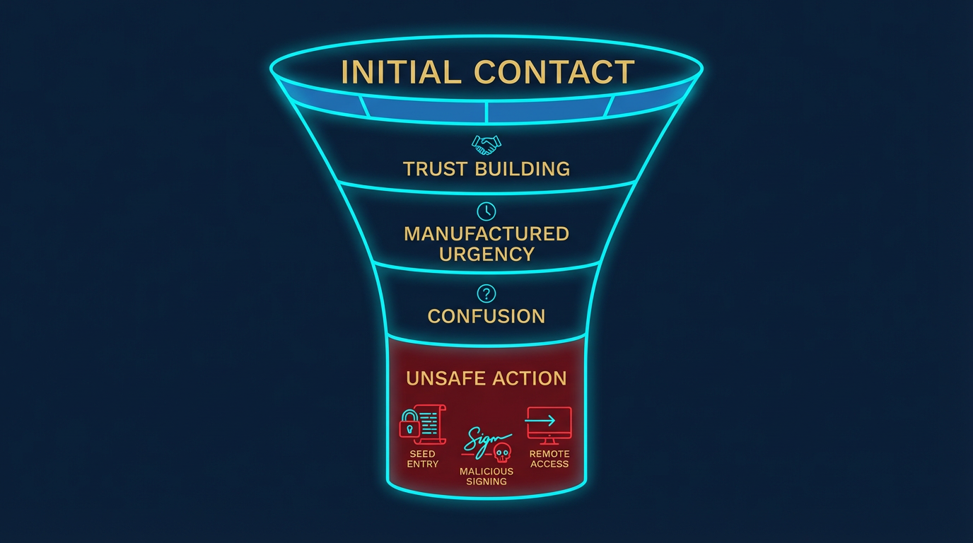 Social engineering trust funnel diagram showing the social engineering trust funnel from initial contact through manufactured urgency to the rushed unsafe action that hands over credentials approvals or remote access