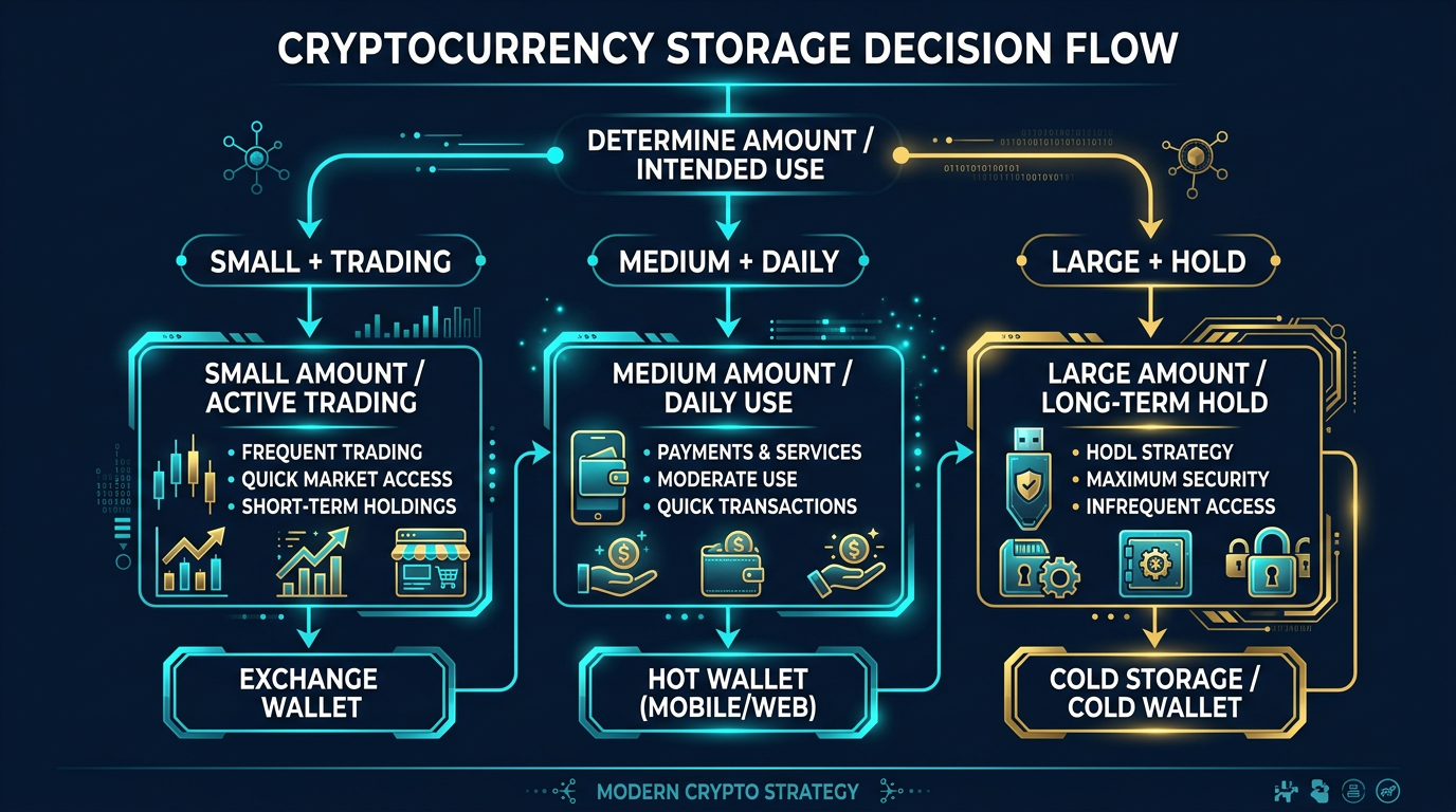 diagram showing crypto storage tiers from exchange trading layer to hot wallet spending layer to hardware wallet cold storage vault