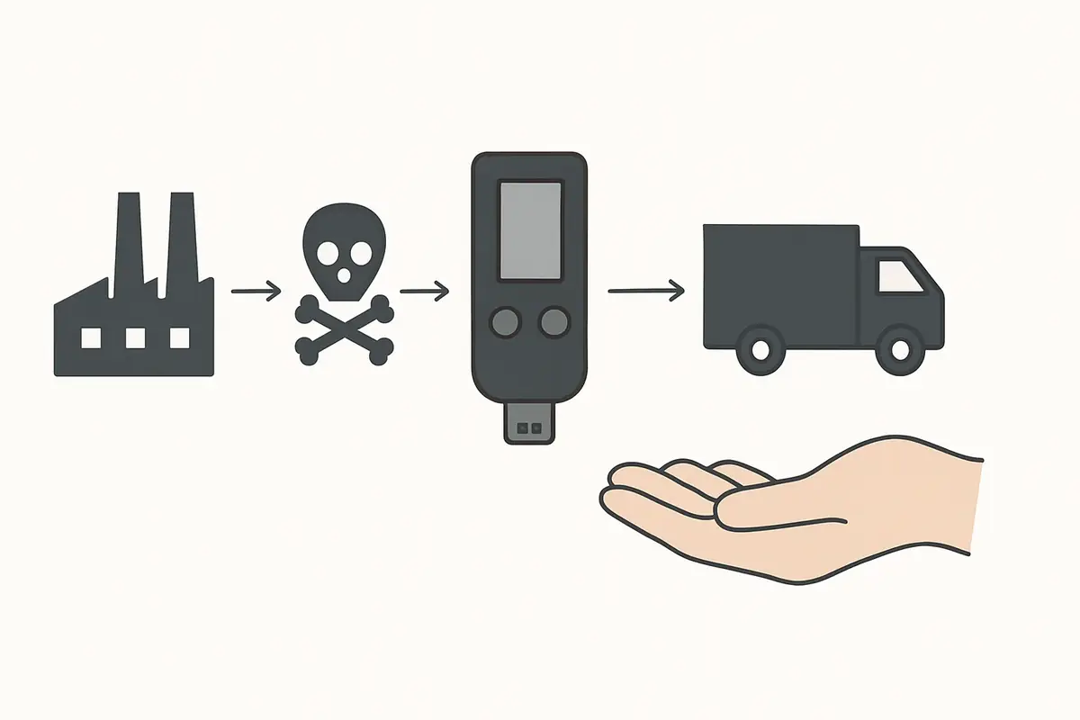 diagram showing supply chain attack vectors for hardware wallets from manufacturing to delivery