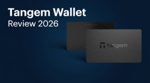Tangem Wallet Review 2026 featuring the NFC card hardware wallet on dark navy background