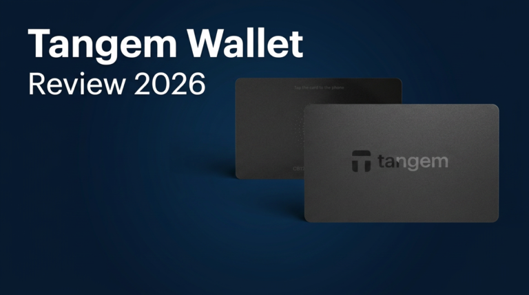 Tangem Wallet Review 2026 featuring the NFC card hardware wallet on dark navy background