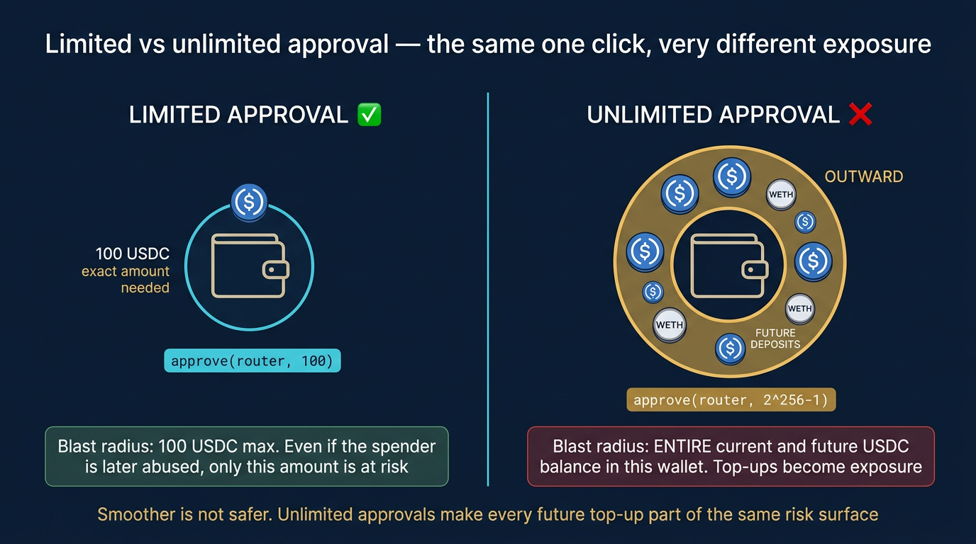 Side-by-side comparison of a limited token approval on the left showing a wallet with a tight cyan circle around exactly the 100 USDC needed for one swap versus an unlimited token approval on the right showing the same wallet with a wide warm-gold ring extending outward over current and future USDC, WETH, and future deposits, illustrating how unlimited approvals make the entire current and future balance part of the same risk surface