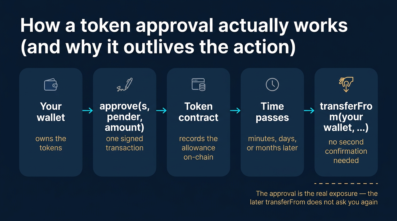 Horizontal five-stage mechanism flow diagram showing how a token approval works from your wallet, through an approve transaction with spender and amount arguments, to the token contract recording the allowance on-chain, then time passing, then a later transferFrom call by the spender that needs no second confirmation