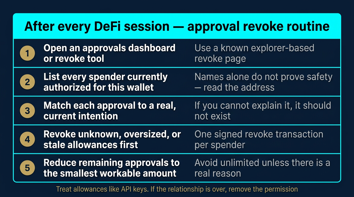 Vertical numbered action checklist card titled after every DeFi session approval revoke routine listing five steps: open an approvals dashboard or revoke tool, list every spender currently authorized for this wallet, match each approval to a real current intention, revoke unknown oversized or stale allowances first, and reduce remaining approvals to the smallest workable amount, each shown with a numbered gold badge and a short purpose