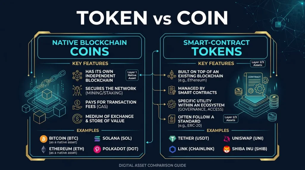 editorial comparison diagram showing the difference between native blockchain coins and smart-contract tokens