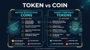 editorial comparison diagram showing the difference between native blockchain coins and smart-contract tokens