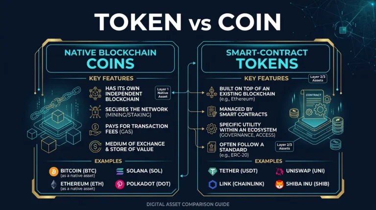 editorial comparison diagram showing the difference between native blockchain coins and smart-contract tokens