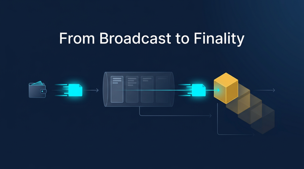 Transaction Confirmation in Crypto: From Broadcast to Finality 1 diagram showing the lifecycle of a crypto transaction from wallet broadcast through mempool staging to block confirmation on a navy background