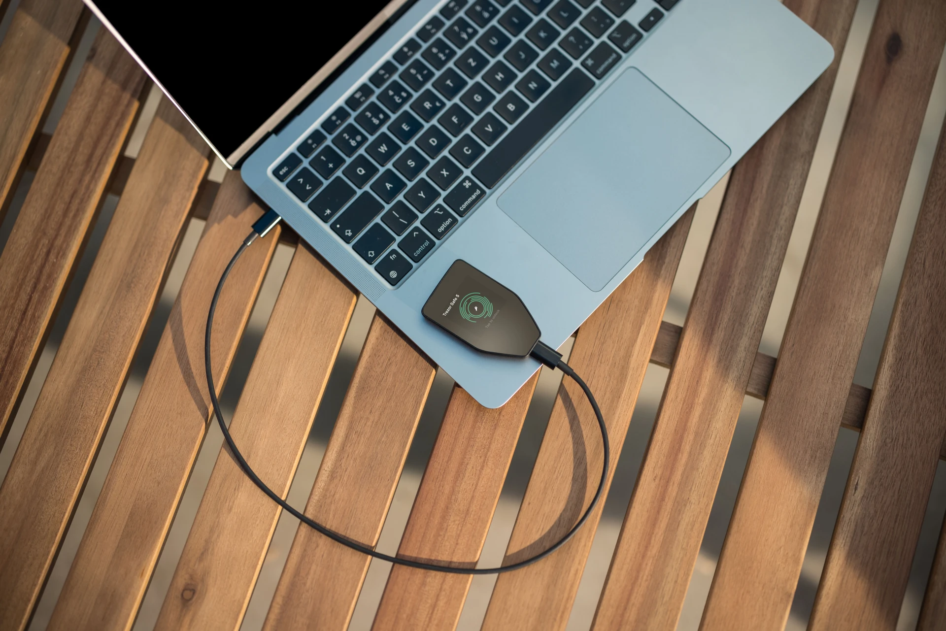 Trezor Safe 5 hardware wallet official product photo with color touchscreen