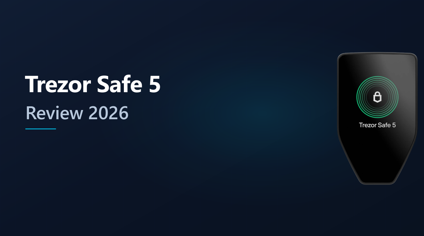 Trezor Safe 5 hardware wallet showing touchscreen with lock icon on dark navy editorial background for 2026 review