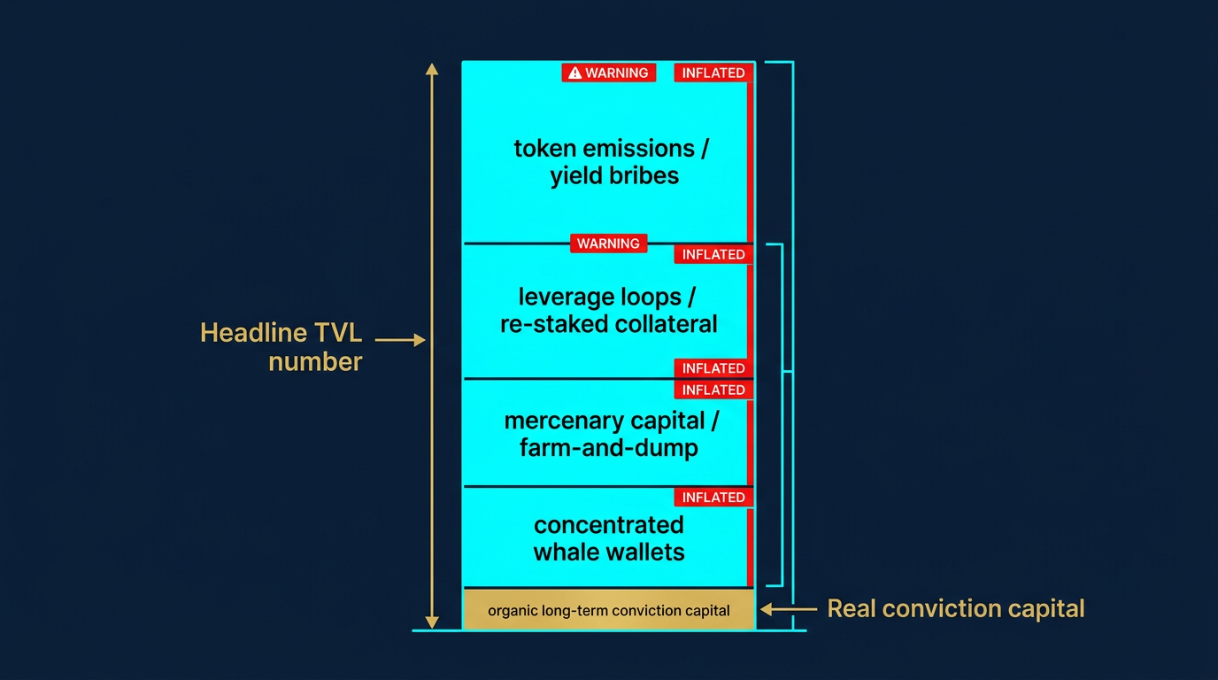 diagram showing how DeFi TVL gets inflated by token emissions leverage loops mercenary capital and concentrated wallets versus the much smaller share of organic long-term conviction capital underneath the headline number