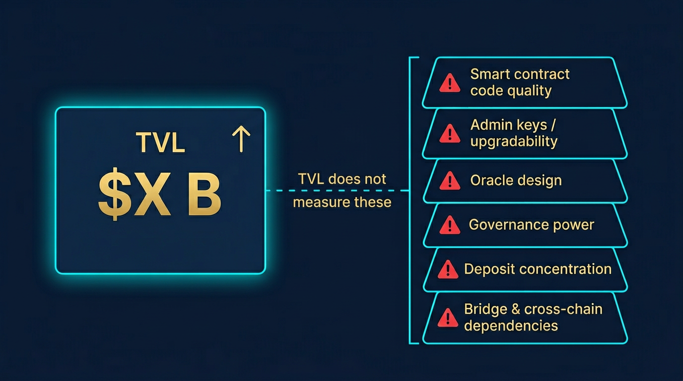 diagram contrasting a large TVL dashboard number with the underlying real DeFi risk factors smart contract code admin keys oracle design governance power deposit concentration and bridge dependencies that the TVL figure does not measure