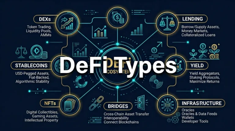 editorial diagram mapping the main categories of DeFi protocols around a central ecosystem hub