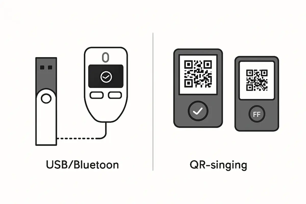 USB Bluetooth signers versus QR signers comparison Ledger Trezor Keystone SafePal