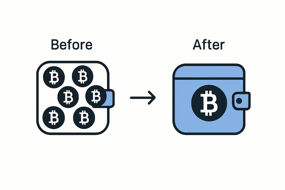 Before and after consolidating UTXOs before and after diagram showing wallet with many UTXOs consolidated into one large UTXO