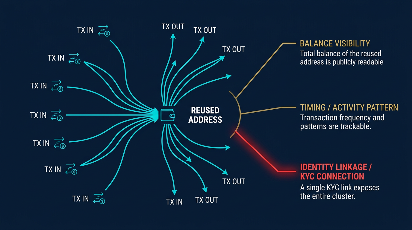 diagram showing one reused wallet address linking multiple incoming payments, visible balance, and identity clues into a single public transaction cluster