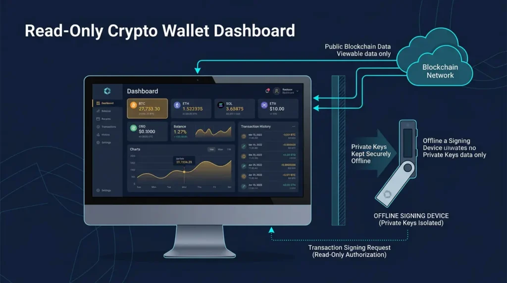 What Is a Watch-Only Wallet? How It Works 1 illustration showing a watch-only wallet dashboard tracking balances and transactions without holding private keys