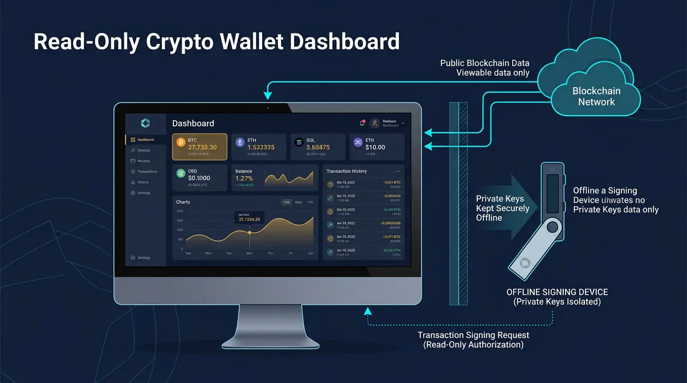 illustration showing a watch-only wallet dashboard tracking balances and transactions without holding private keys