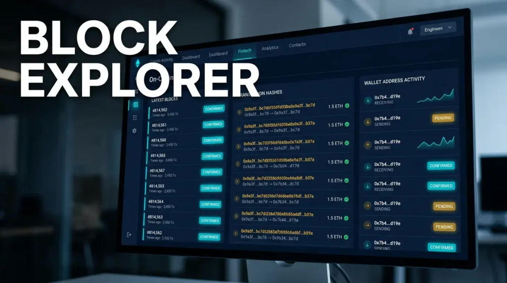 fintech dashboard illustration showing transaction lookup and on-chain activity in a blockchain data viewer