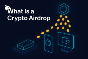 Editorial Snout0x hero showing a hexagonal protocol node distributing a downward shower of blank gold coins that lands in three different wallet types arranged in a row below.