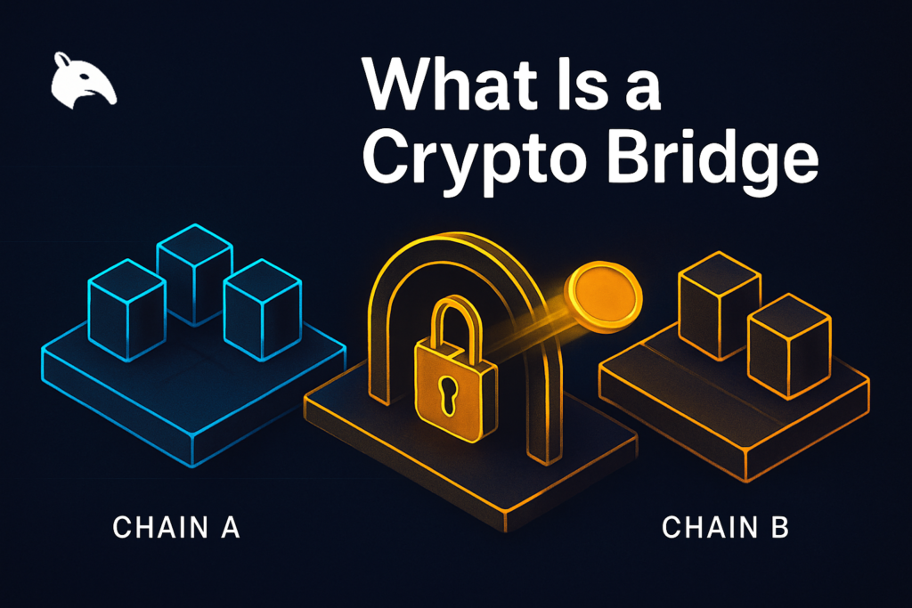 Editorial Snout0x hero showing a cyan blockchain platform on the left and a gold blockchain platform on the right, connected by a dimensional gold arch-bridge with a closed padlock at the apex and a blank gold token in transit.
