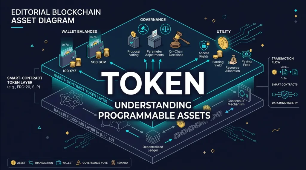 editorial diagram showing a smart-contract token operating on top of a blockchain network