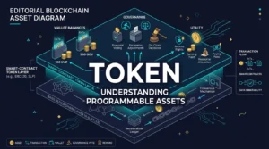 editorial diagram showing a smart-contract token operating on top of a blockchain network