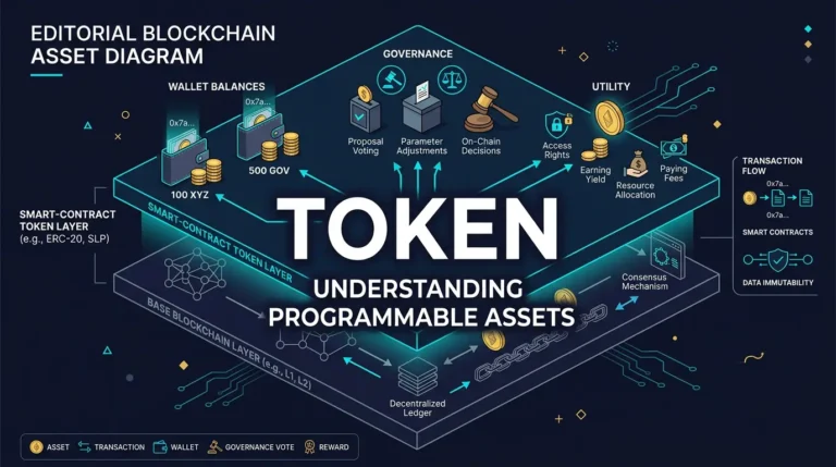 editorial diagram showing a smart-contract token operating on top of a blockchain network
