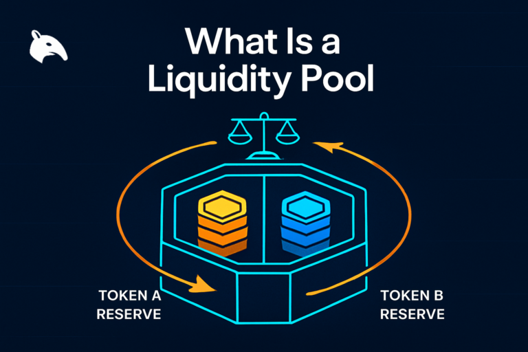 Editorial Snout0x hero showing a single hexagonal liquidity pool with balanced gold and cyan token reserves on either side of a central divider, a small balance scale on top, and a circular swap arrow.