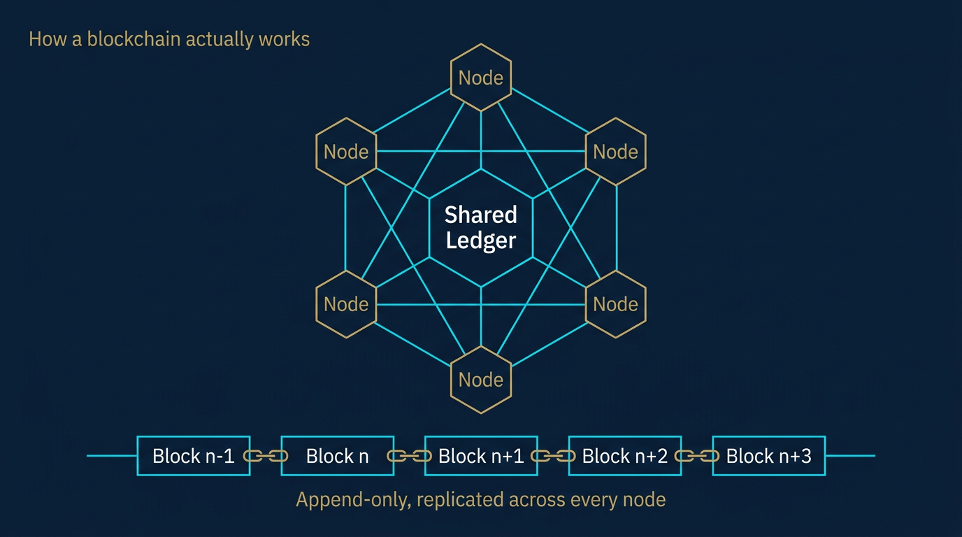 Diagram showing how a blockchain works as a shared ledger replicated across a peer-to-peer network of nodes, with an append-only chain of blocks underneath