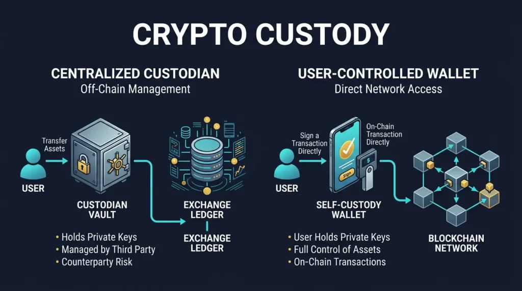 What Is Crypto Custody? Who Holds the Keys Matters 1 editorial diagram comparing custodial exchange control and user controlled self custody in crypto