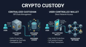 editorial diagram comparing custodial exchange control and user controlled self custody in crypto