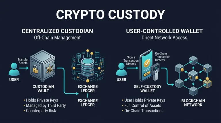 editorial diagram comparing custodial exchange control and user controlled self custody in crypto