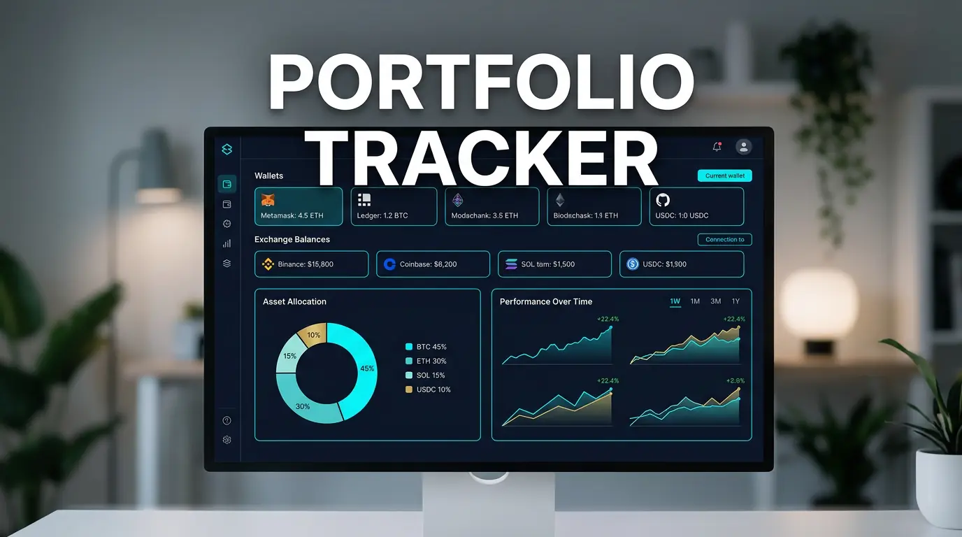 editorial dashboard illustration showing a portfolio tracking app monitoring wallets exchanges and allocations