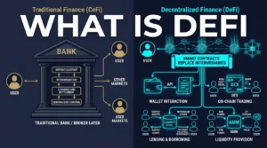 editorial diagram showing decentralized finance using smart contracts for trading lending and liquidity