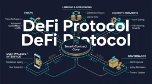 editorial architecture diagram showing the main components of a DeFi protocol around smart contracts and user wallets