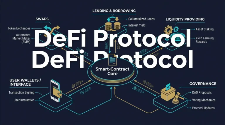 editorial architecture diagram showing the main components of a DeFi protocol around smart contracts and user wallets
