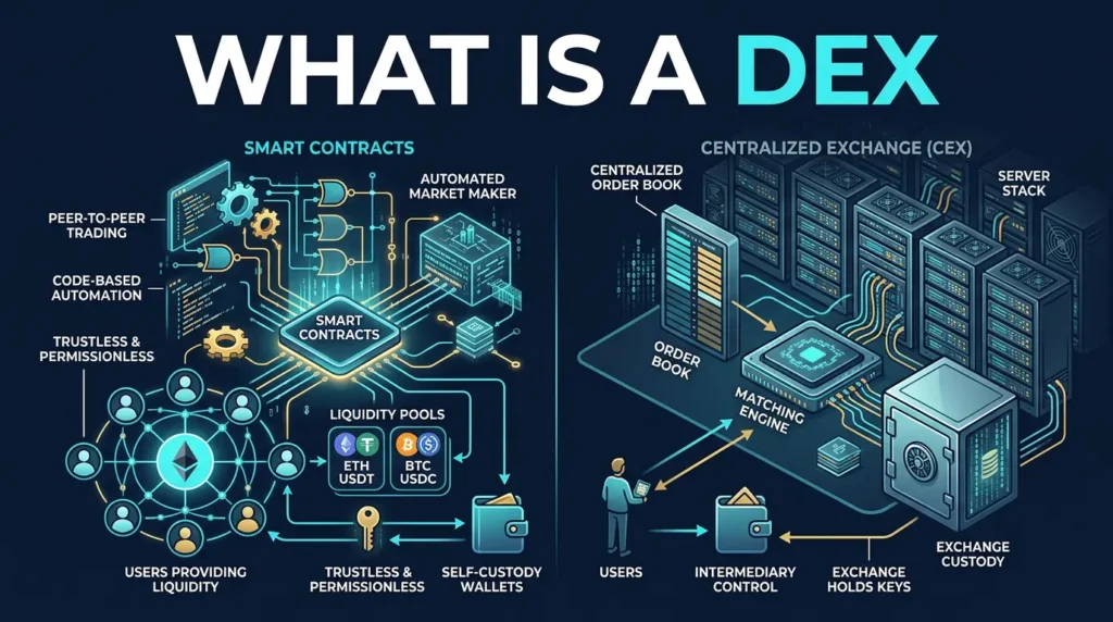 What Is a DEX? How Decentralized Exchanges Work 1 editorial diagram showing a decentralized exchange using smart contracts and liquidity pools