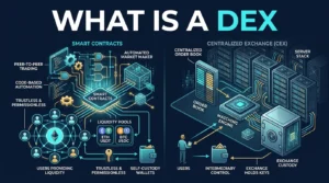 editorial diagram showing a decentralized exchange using smart contracts and liquidity pools