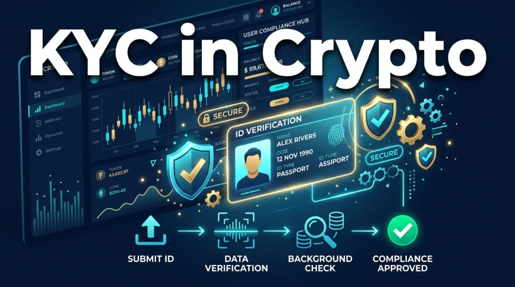 What Is KYC in Crypto? Why Exchanges Ask for ID 1 editorial illustration showing identity verification and compliance checks for a crypto exchange account