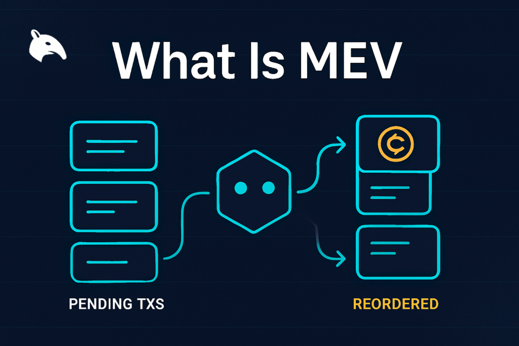 What Is MEV in Crypto? Order Flow and Extraction Explained 1 Editorial Snout0x hero showing a stack of pending transaction blocks on the left being reordered by a small geometric bot icon in the center, with a reordered stack and a gold profit coin on the right.