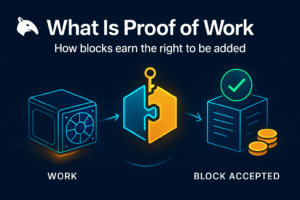 Editorial Snout0x hero showing an isometric ASIC mining rig on the left, a hexagonal puzzle-glyph being unlocked by a gold key in the center, and an accepted block with a green check and a small gold coin reward on the right.